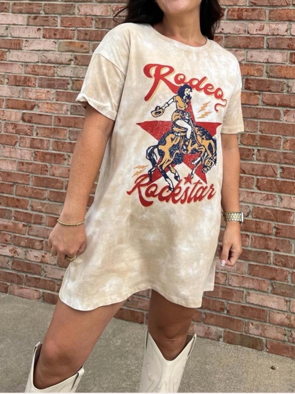 Grace & Emma Rodeo Rockstar
Western Bronc Rider Graphic
Acid Wash T-Shirt Dress